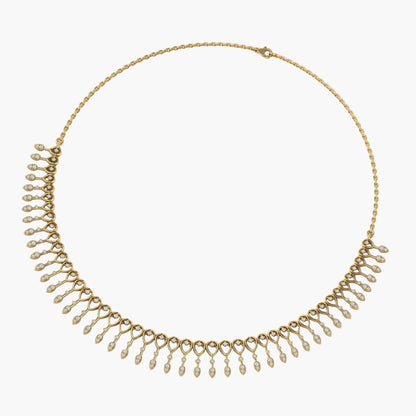 Gold necklace with fringe design on a white background, branded 'Green Lab'.