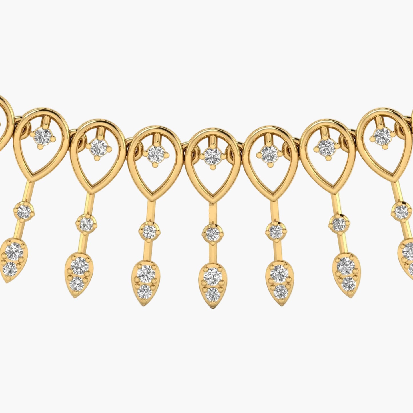Gold necklace with teardrop-shaped pendants and diamonds on a white background