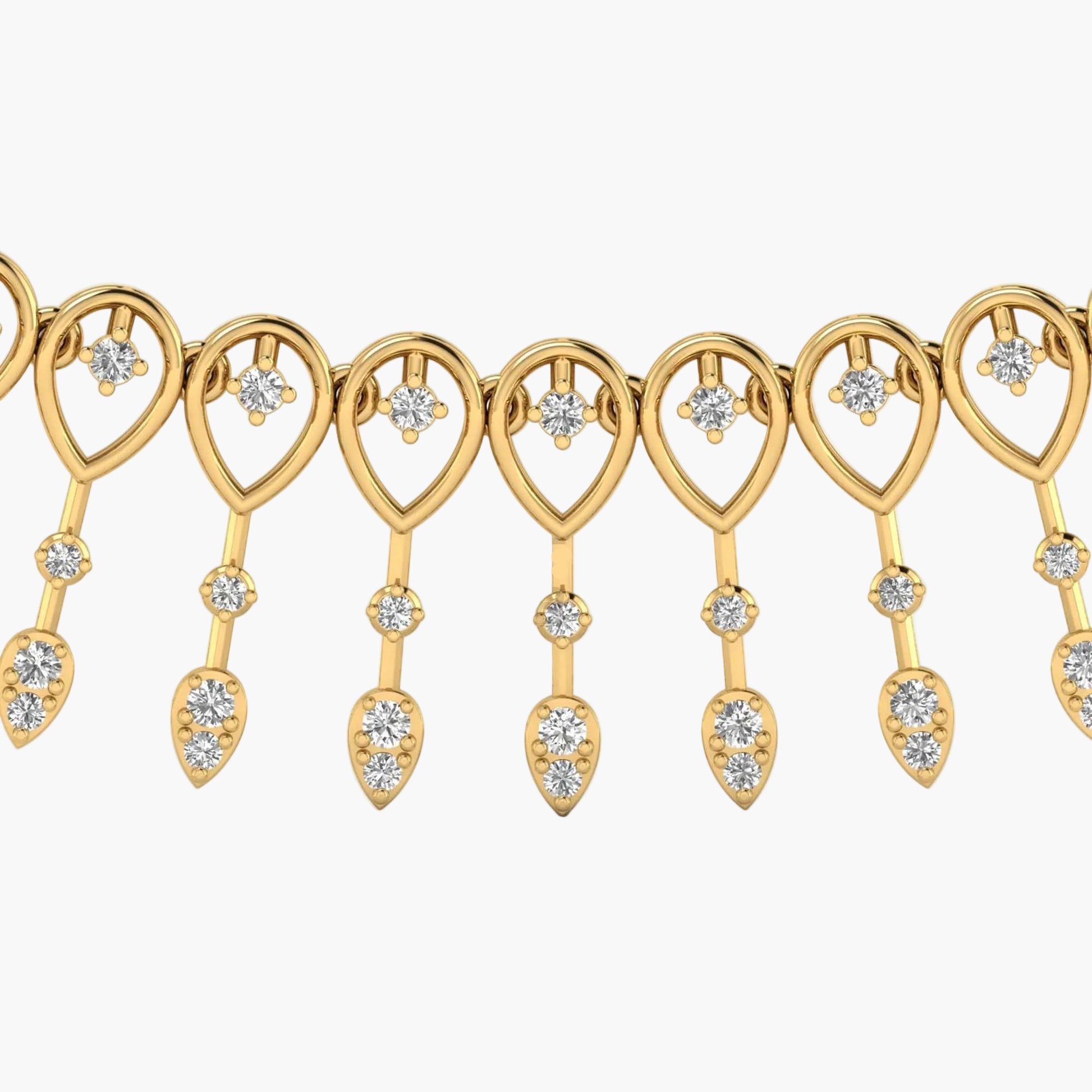 Gold necklace with teardrop-shaped pendants and diamonds on a white background