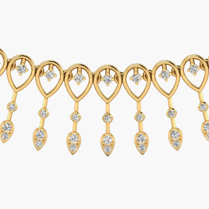Gold necklace with teardrop-shaped pendants and diamonds on a white background