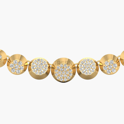 Gold bracelet with circular links featuring embedded diamonds on a white background