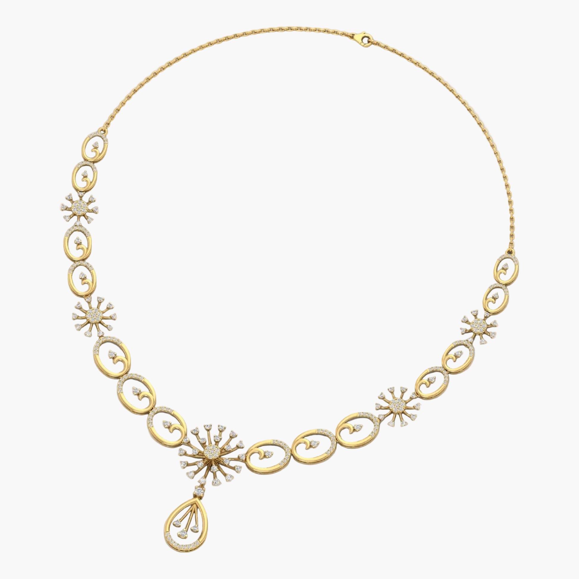 Gold and silver necklace with floral designs on a white background, branded 'Green Lab'.