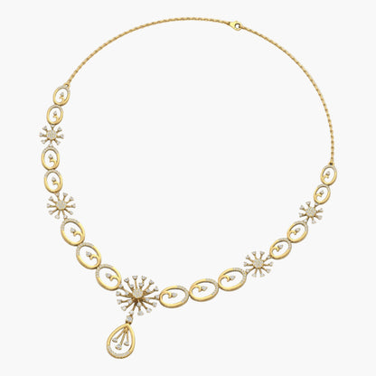 Gold and silver necklace with floral designs on a white background, branded 'Green Lab'.