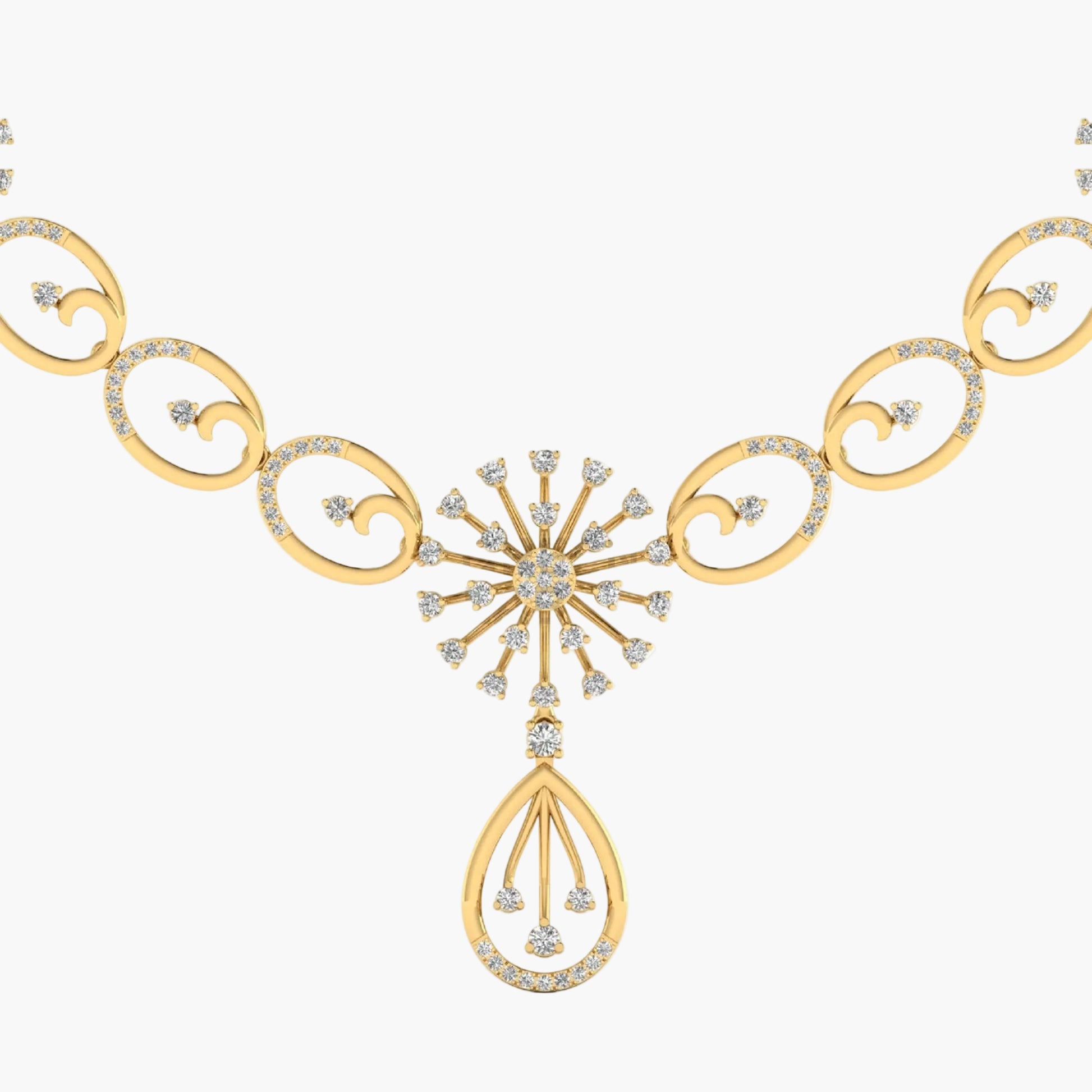 Gold necklace with intricate design and diamond-like stones on a white background