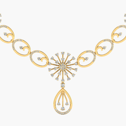 Gold necklace with intricate design and diamond-like stones on a white background