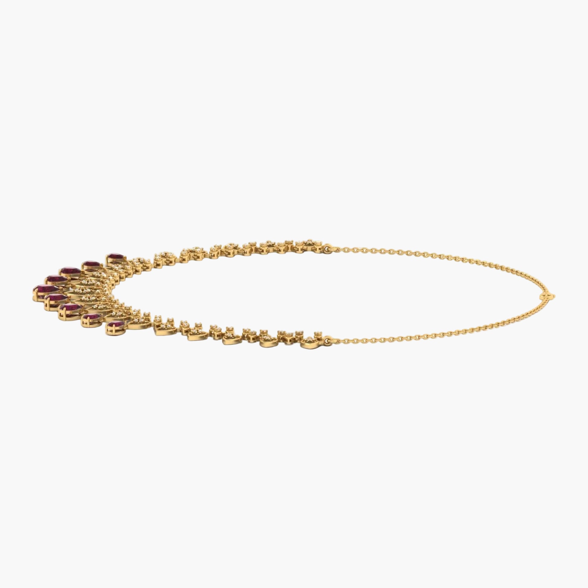 Gold necklace with gemstones on a white background, branded 'Green Lab'.