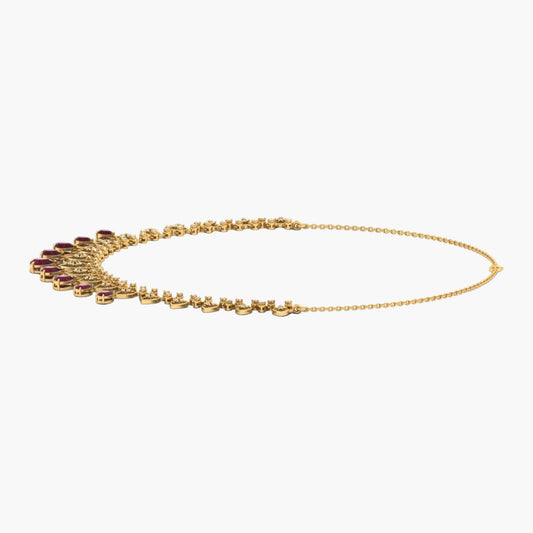 Gold necklace with gemstones on a white background, branded 'Green Lab'.