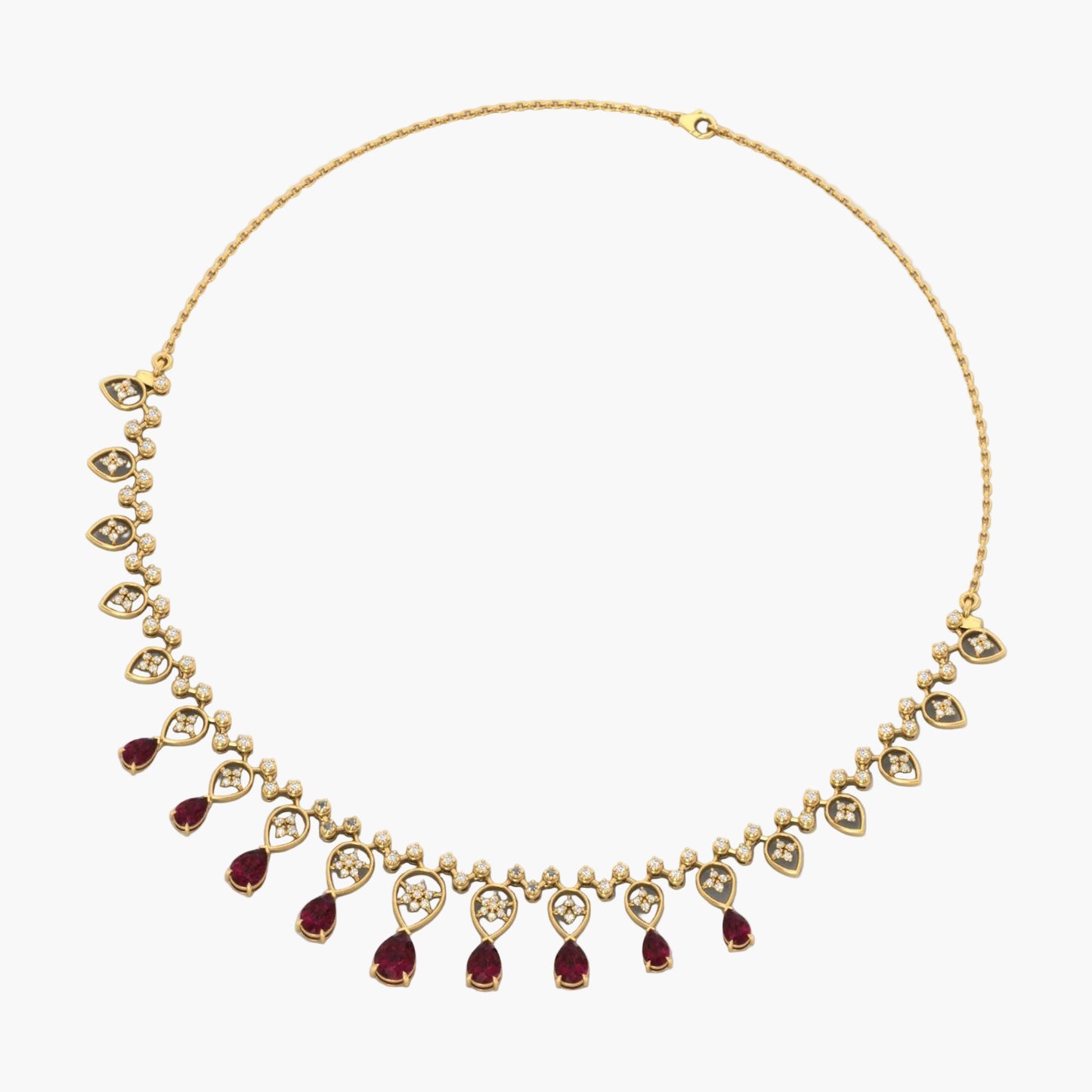 Gold necklace with red gemstones on a white background, branded 'Green Lab'.