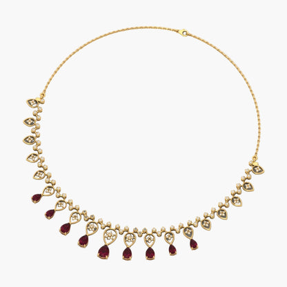 Gold necklace with red gemstones on a white background, branded 'Green Lab'.