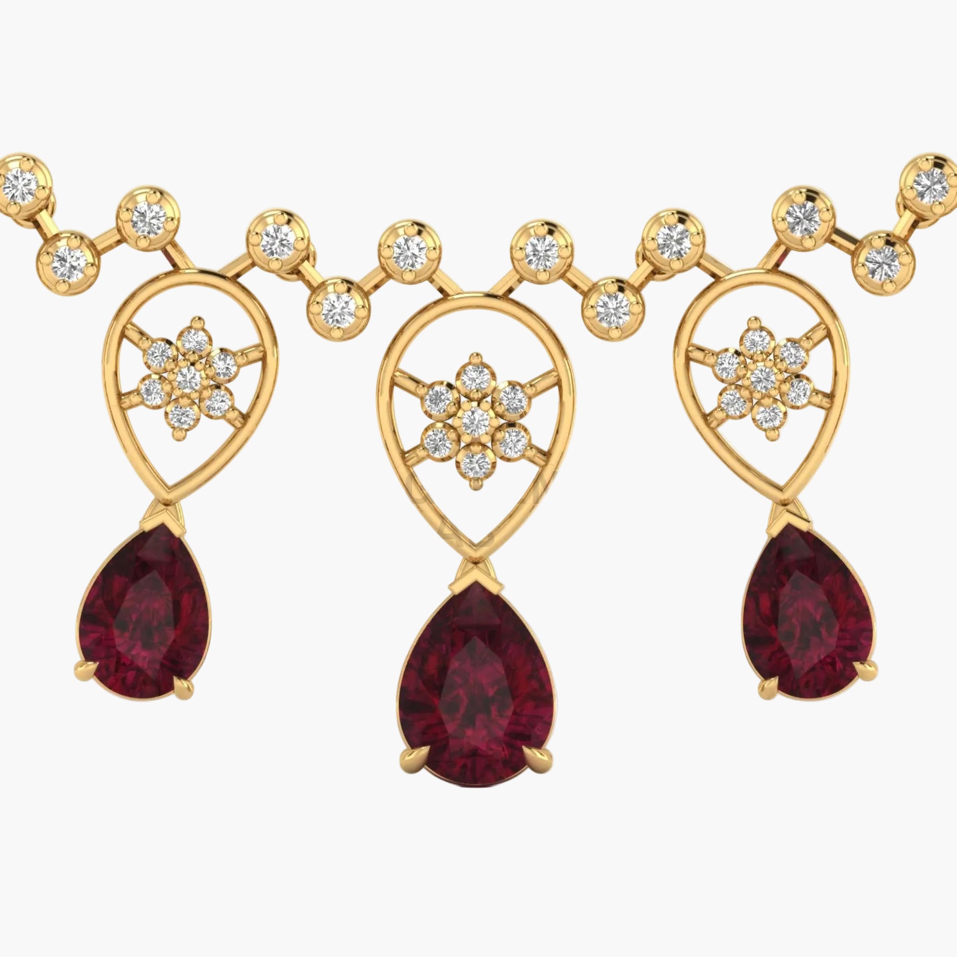 Gold necklace with red gemstones on a white background