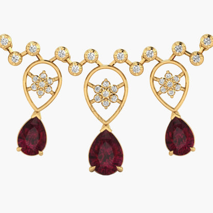 Gold necklace with red gemstones on a white background