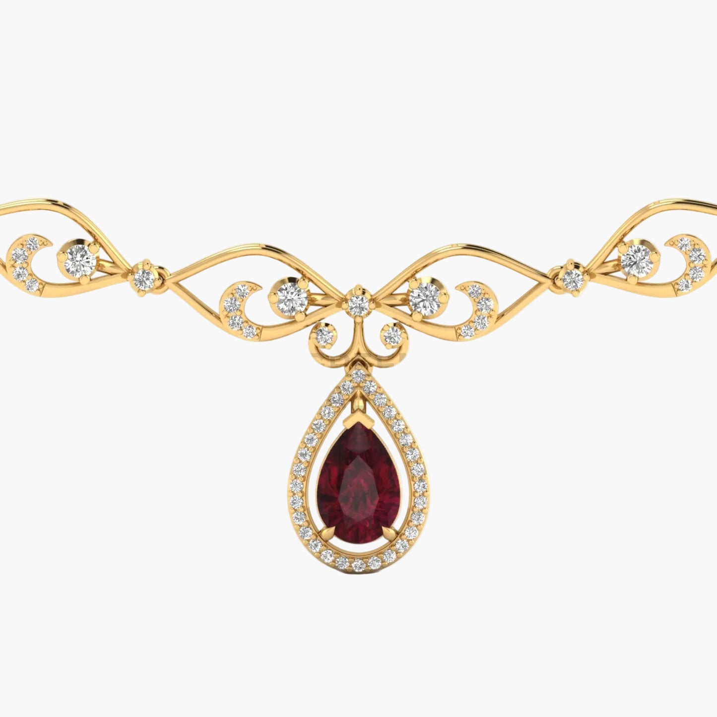 Gold necklace with a red gemstone pendant on a white background