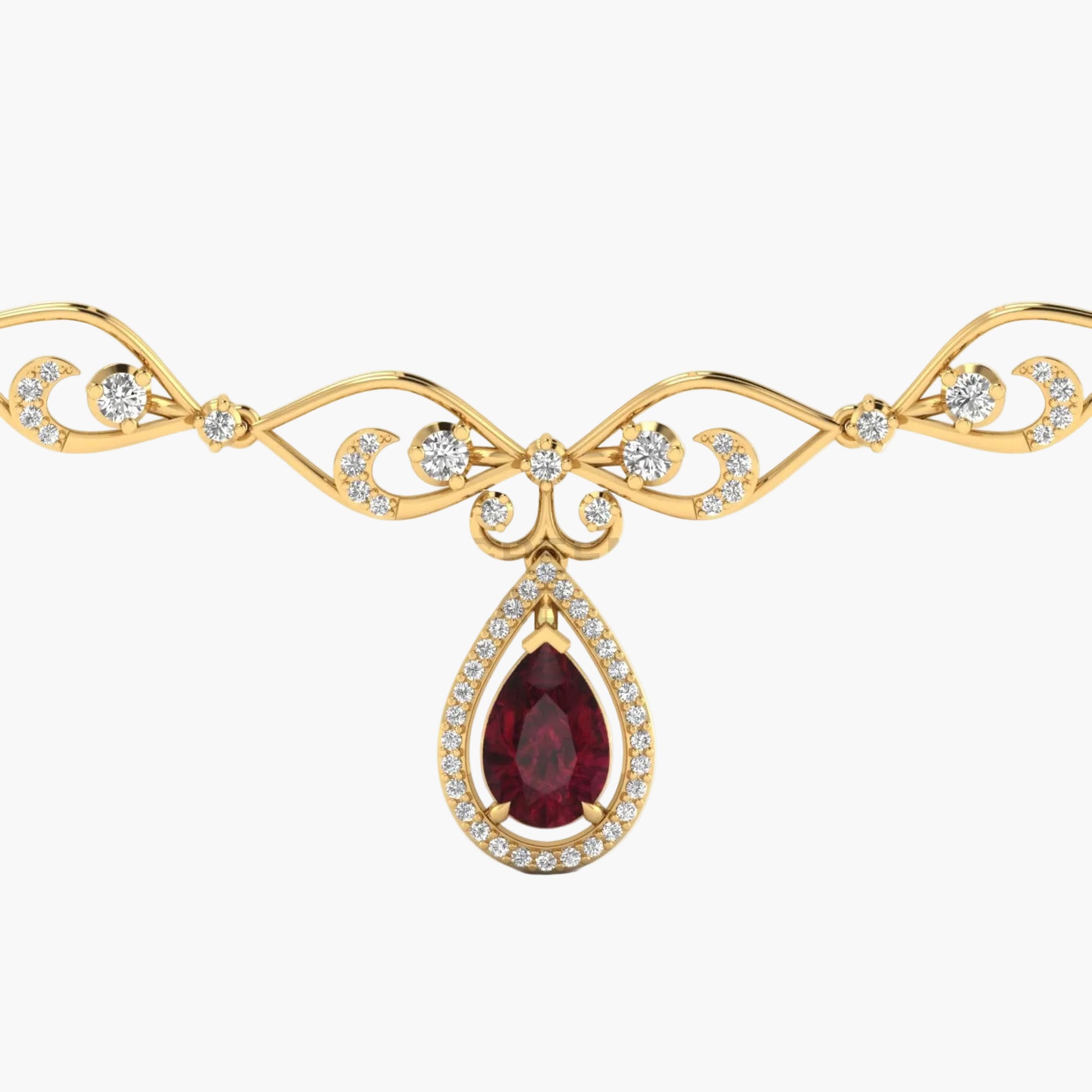 Gold necklace with a red gemstone pendant on a white background