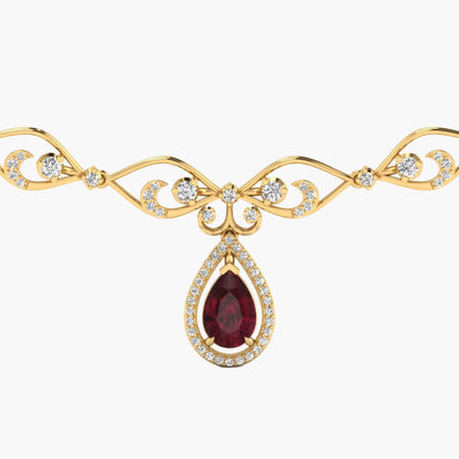 Gold necklace with a red gemstone pendant on a white background