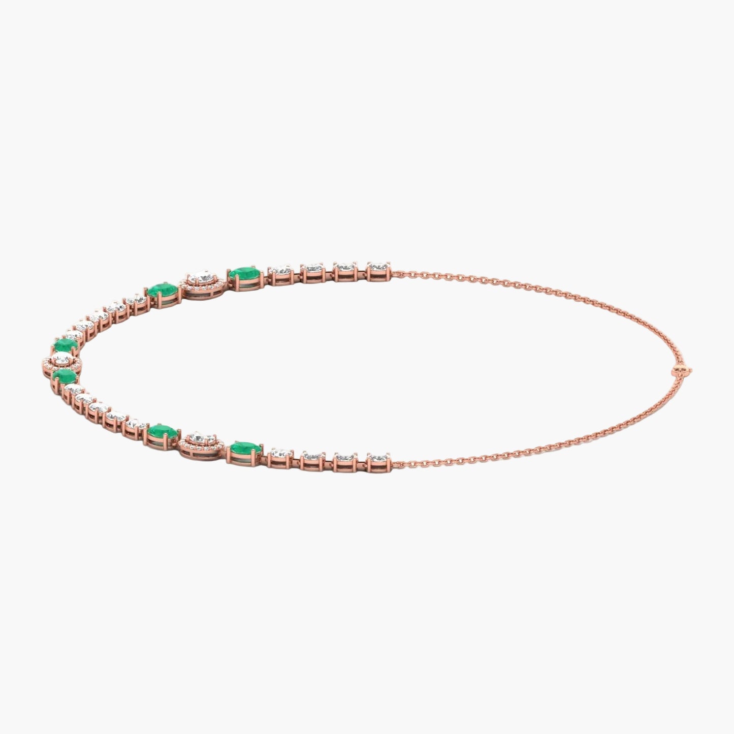Rose gold bracelet with green gemstones on a white background, branded 'Green Lab'.