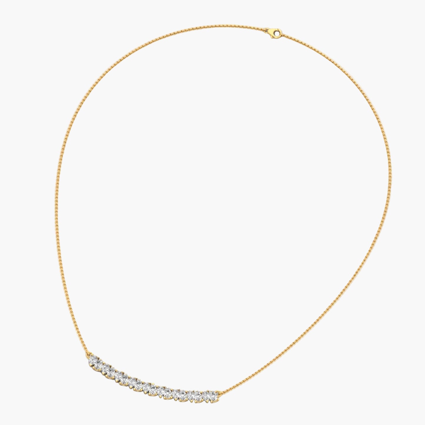 Gold necklace with a curved chain and small diamonds on a white background