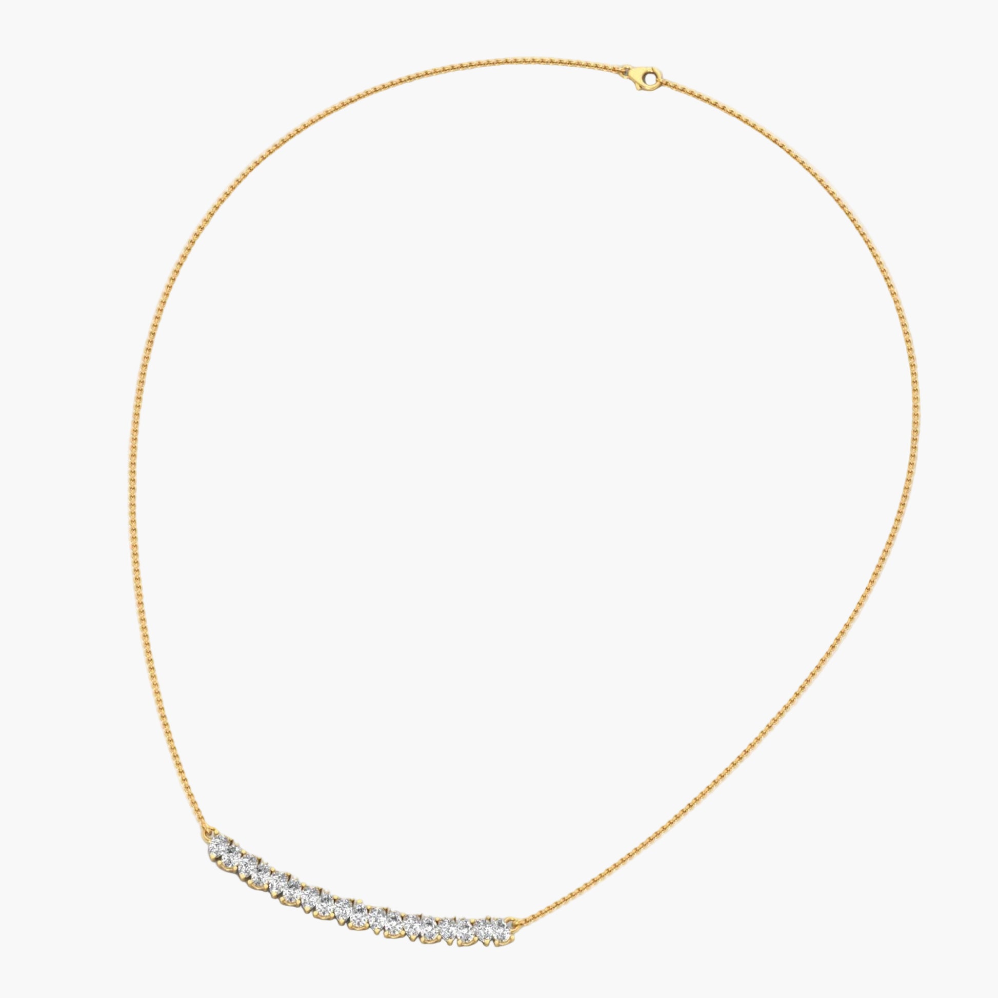 Gold necklace with a curved chain and small diamonds on a white background
