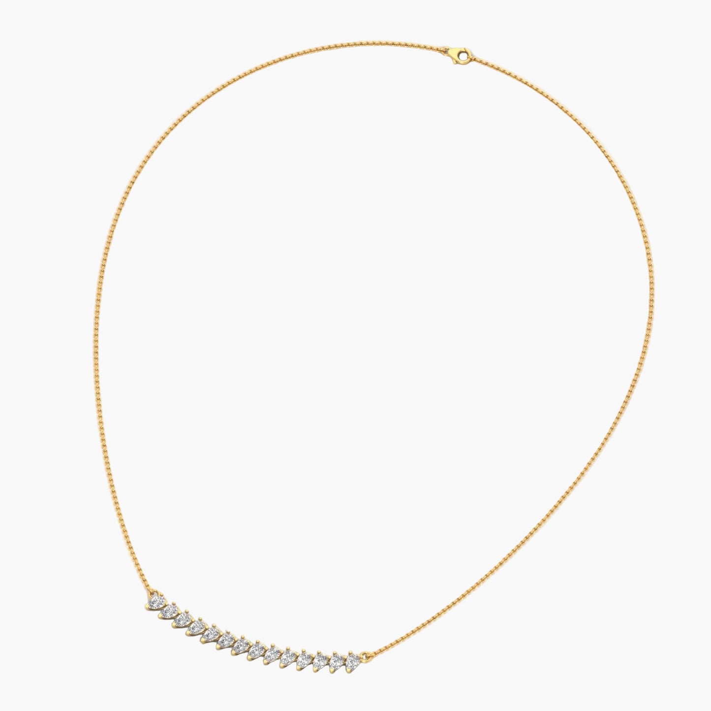 Gold necklace with a small diamond pendant on a white background