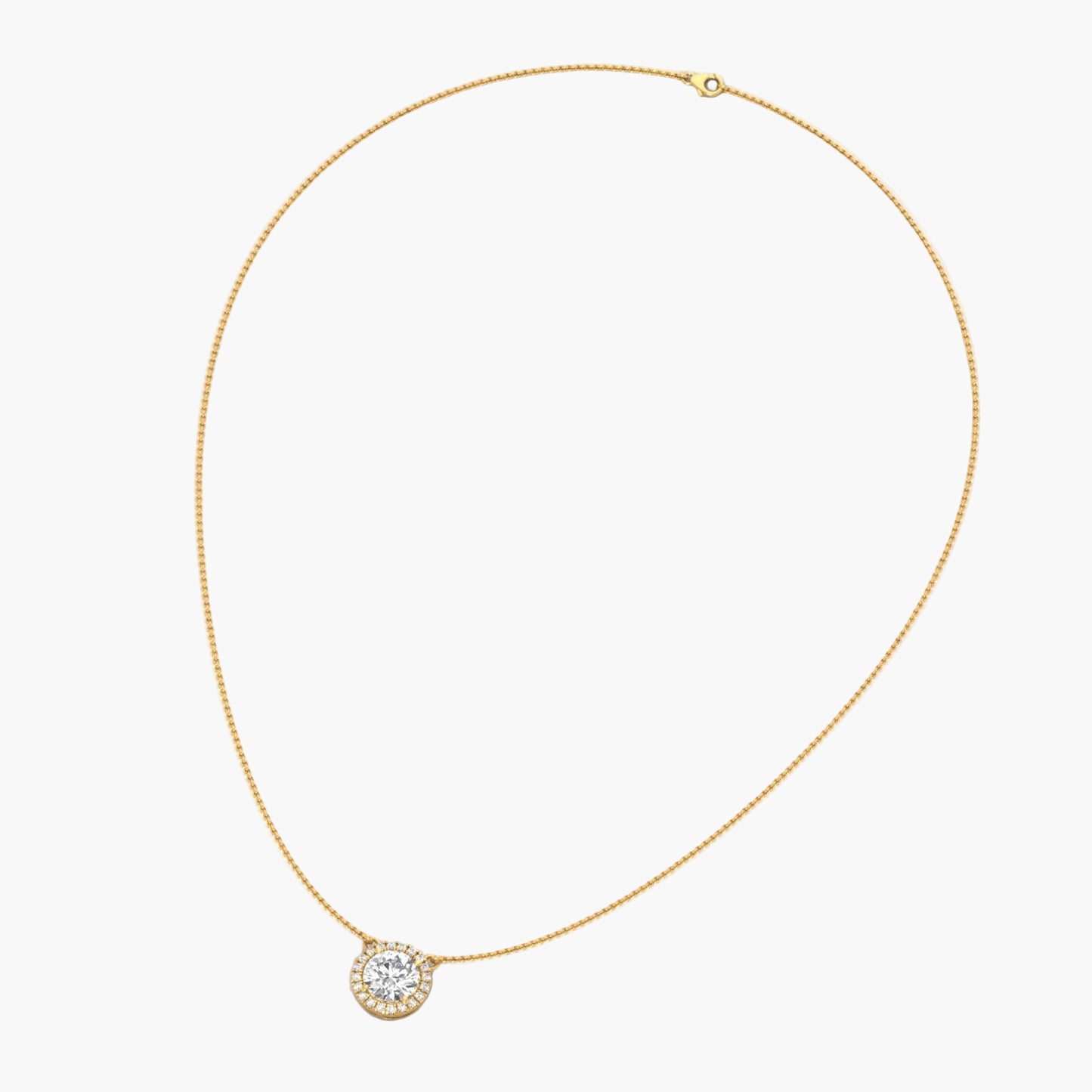 Gold necklace with a diamond pendant on a white background