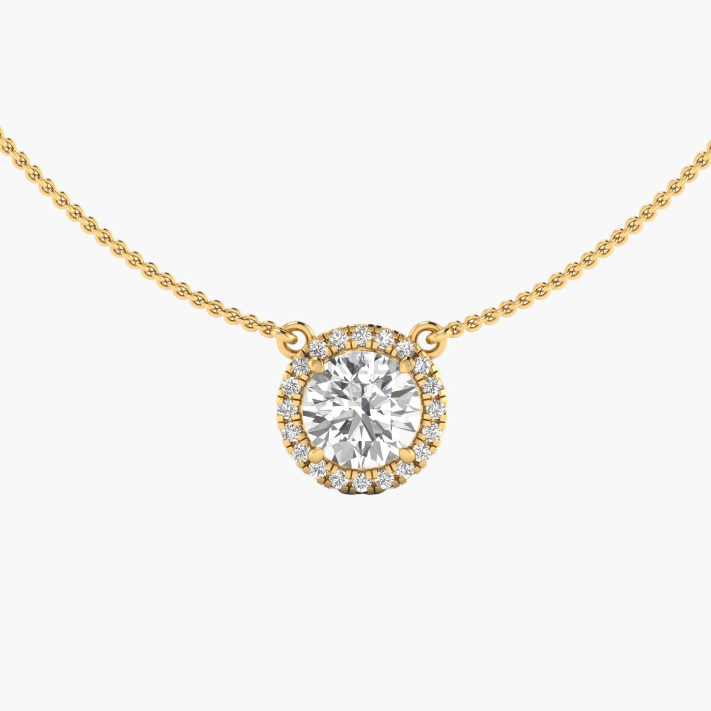 Gold necklace with a round diamond pendant on a white background