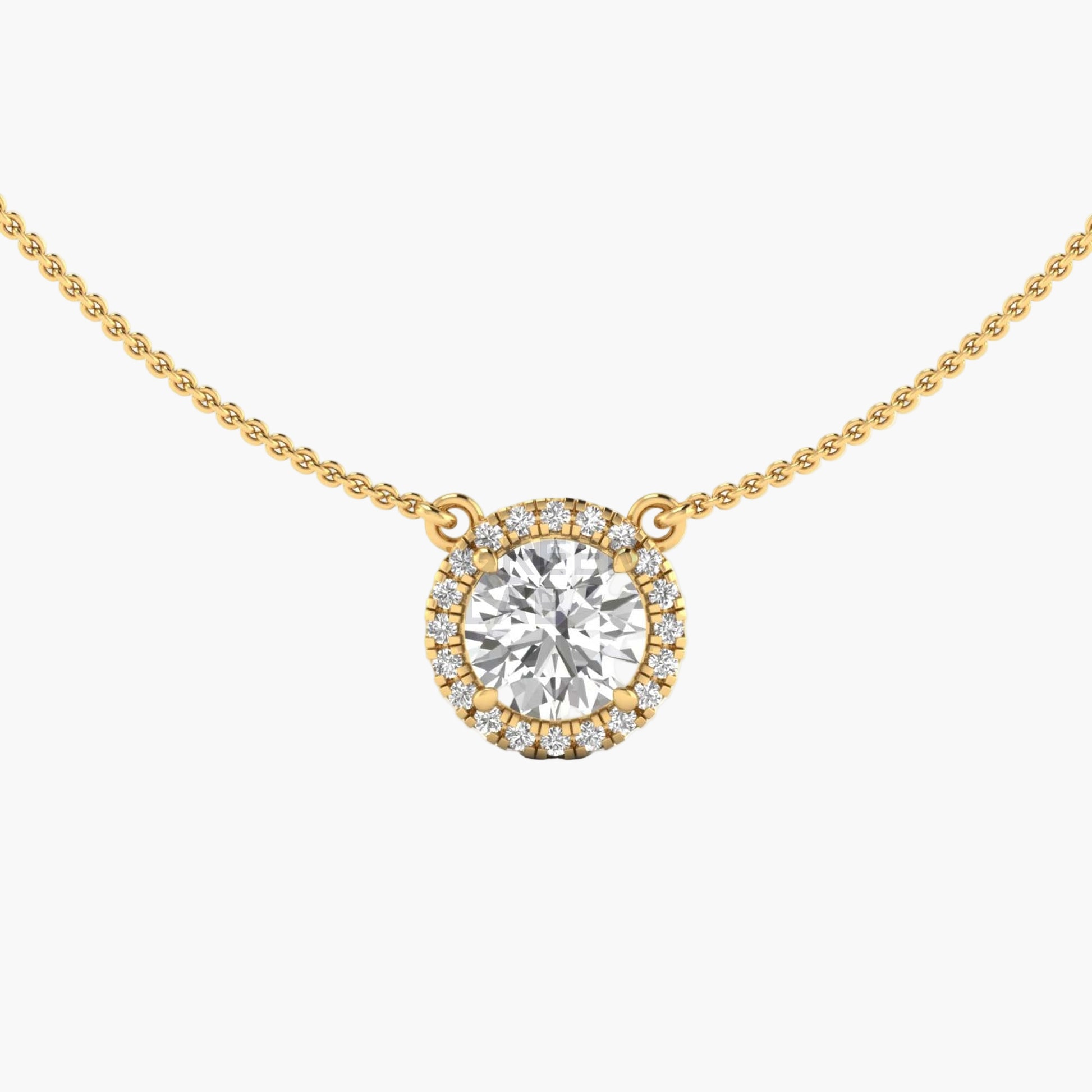 Gold necklace with a round diamond pendant on a white background