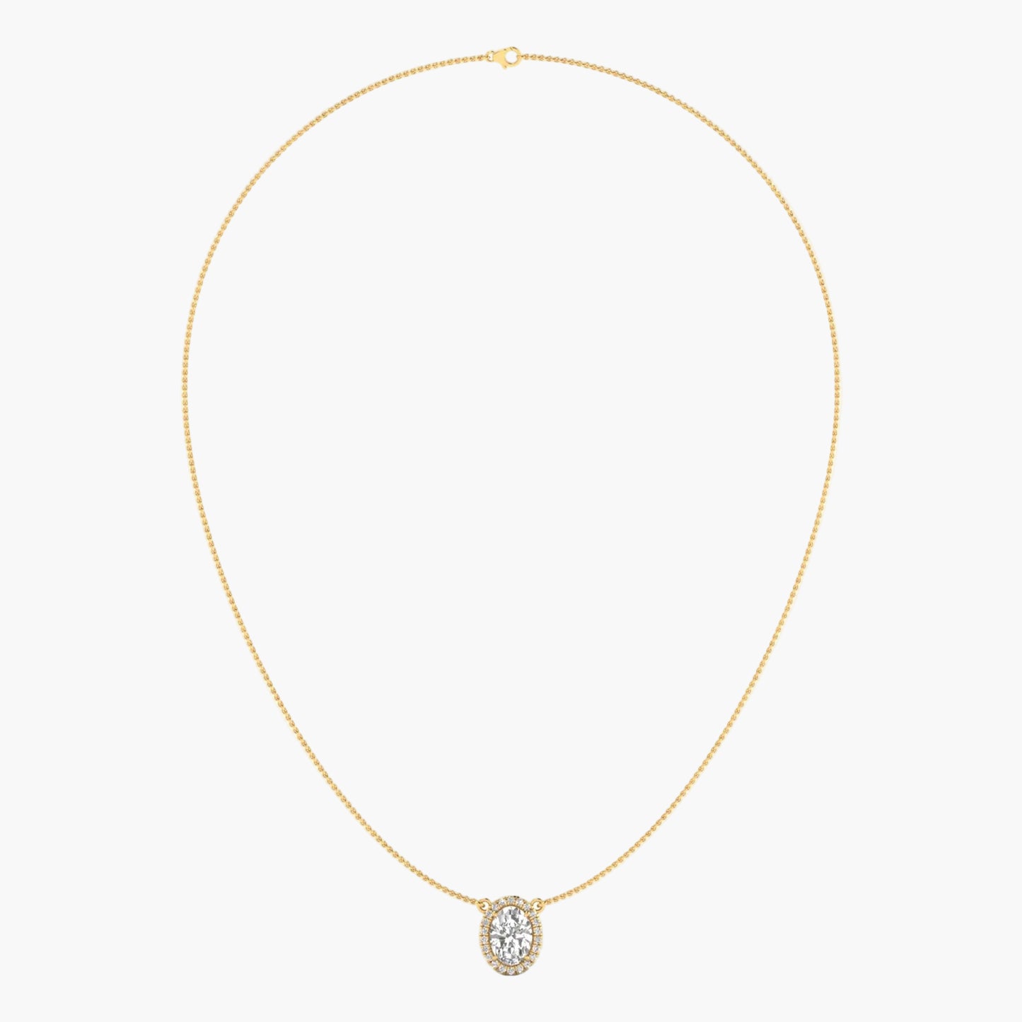 Gold necklace with a diamond pendant on a light gray background