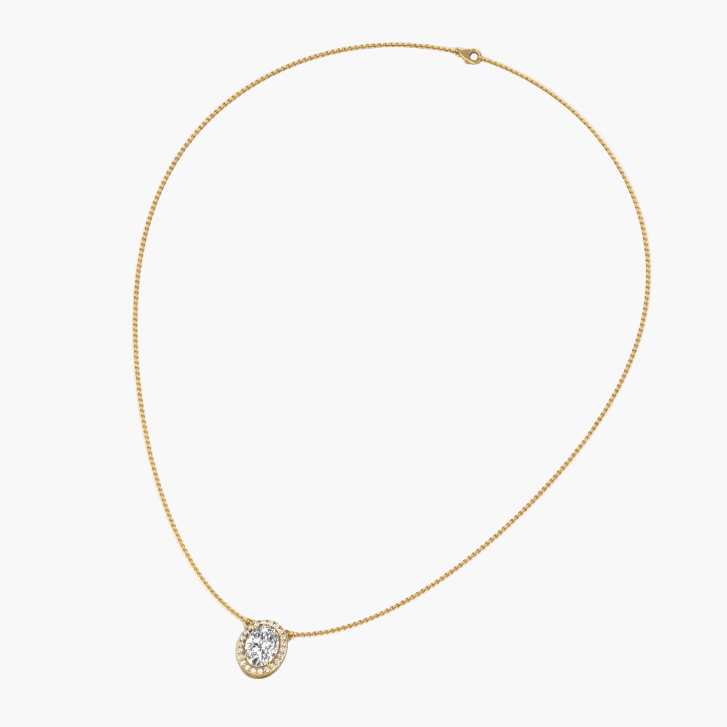Gold necklace with a diamond pendant on a white background