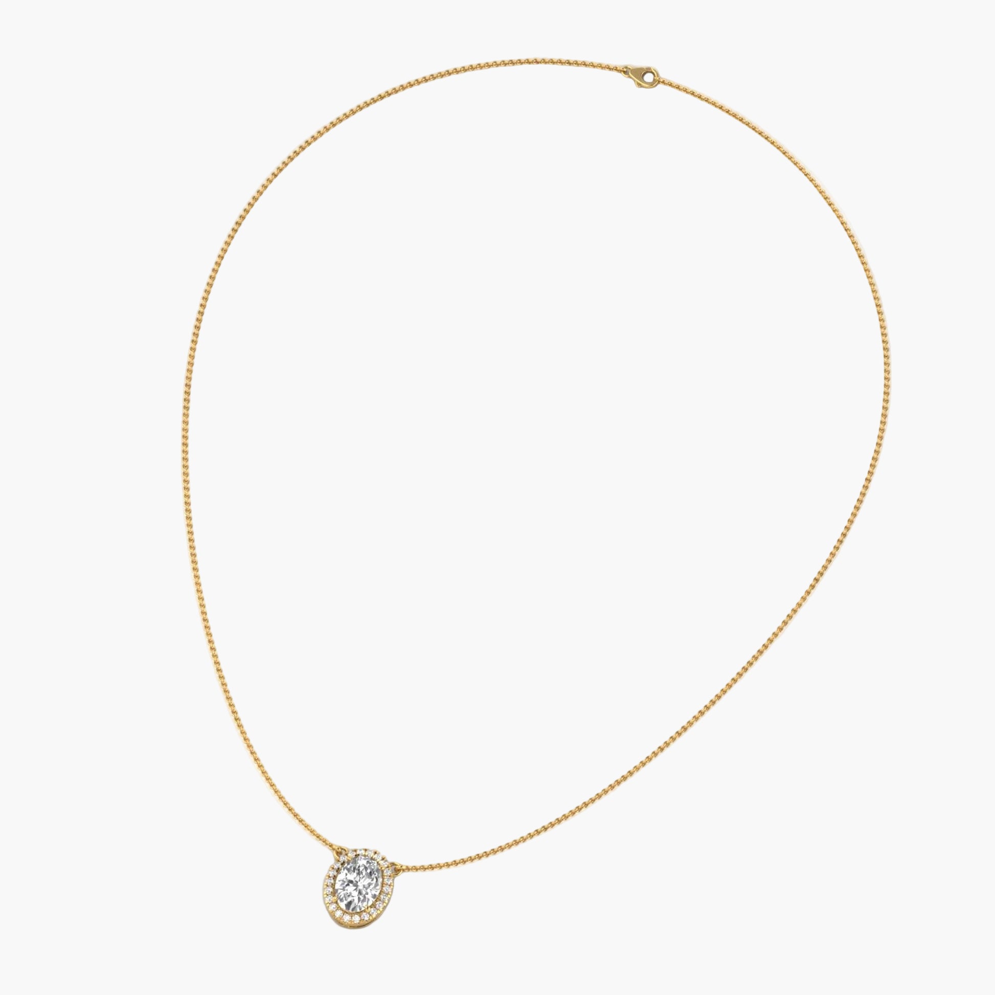 Gold necklace with a diamond pendant on a white background