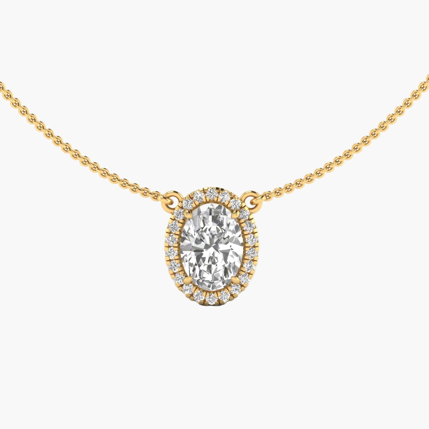 Gold necklace with a diamond pendant on a white background