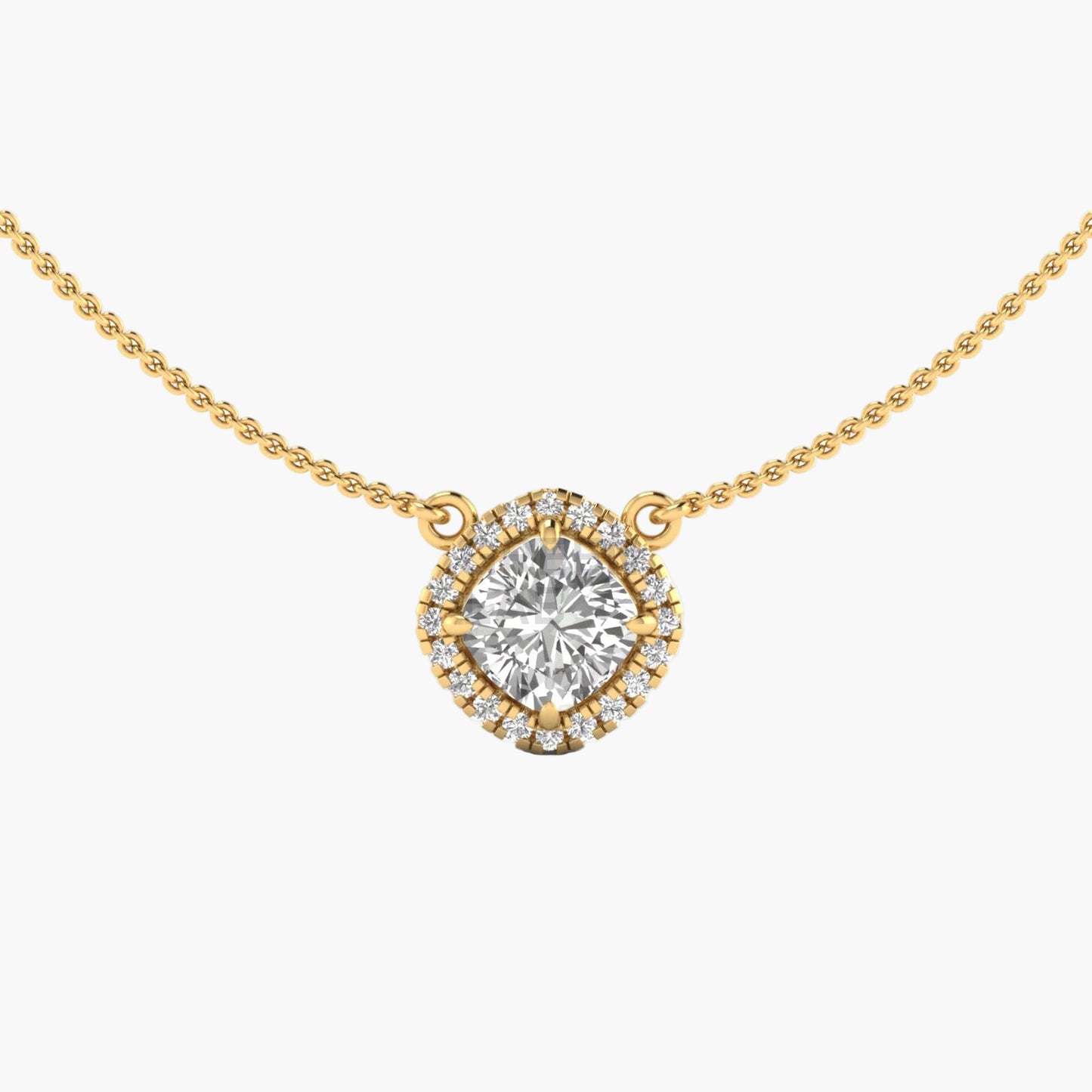 Gold necklace with a diamond pendant on a white background