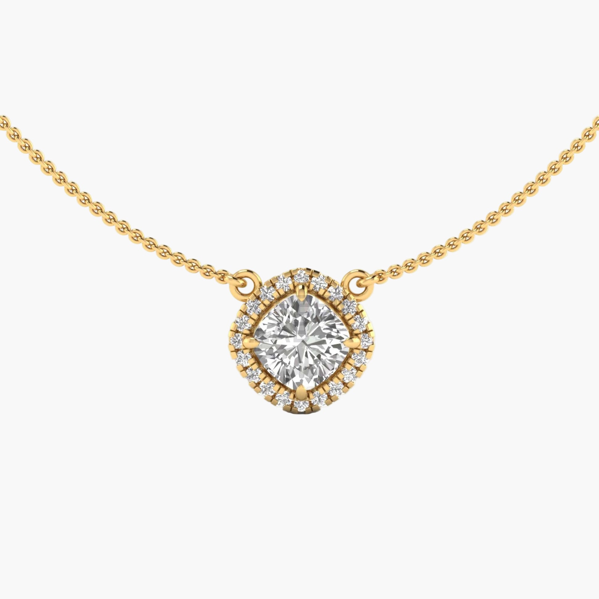 Gold necklace with a diamond pendant on a white background