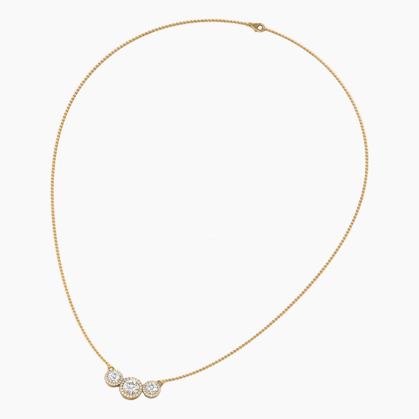 Gold necklace with three circular pendants on a white background, branded 'Green Lab'.