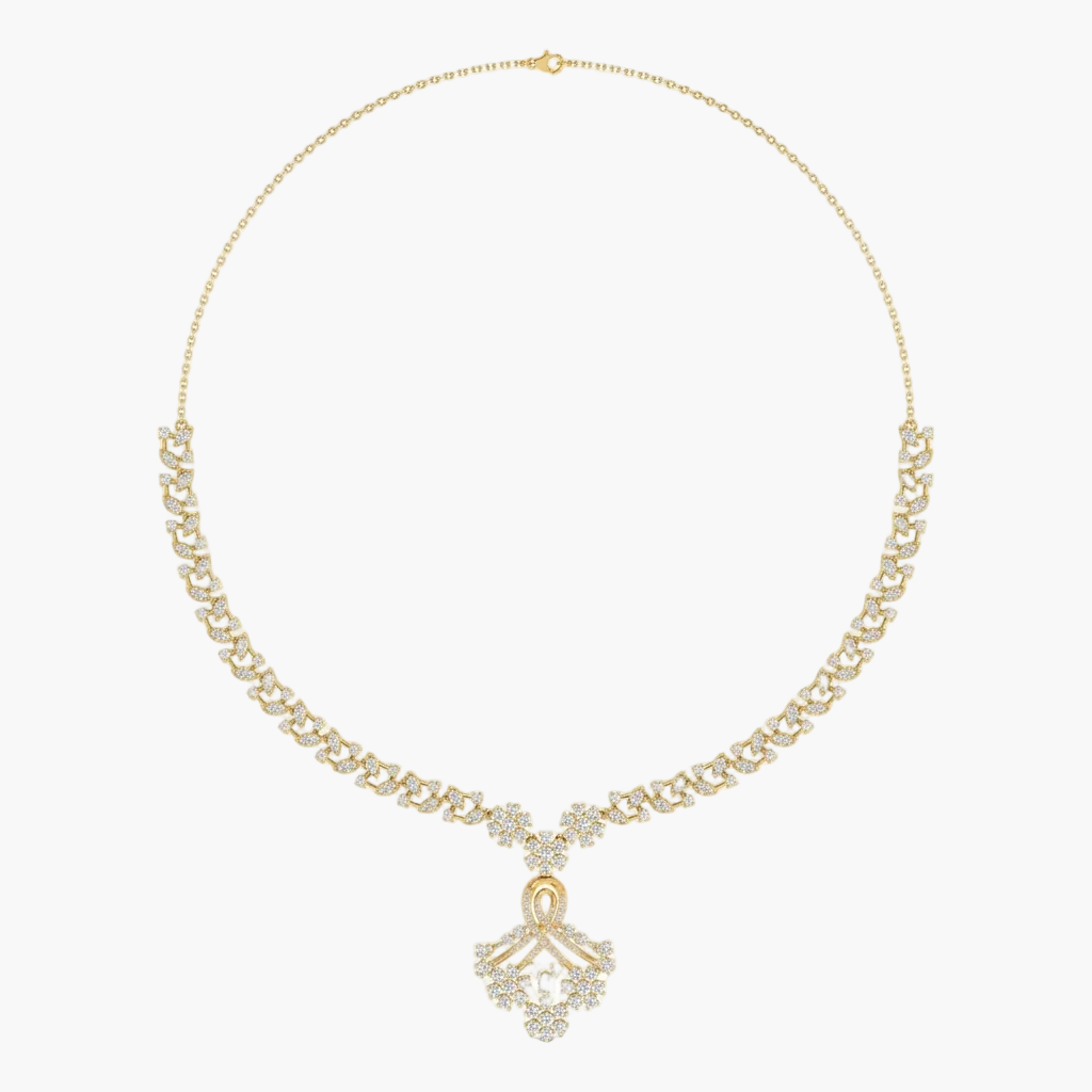 Gold necklace with a decorative pendant on a white background