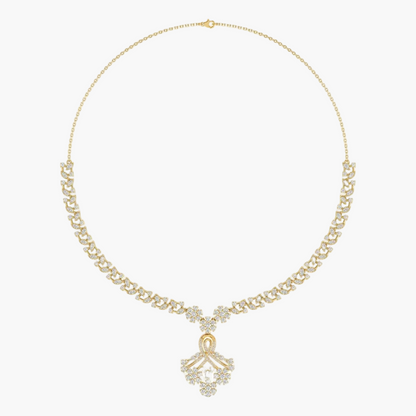 Gold necklace with a decorative pendant on a white background
