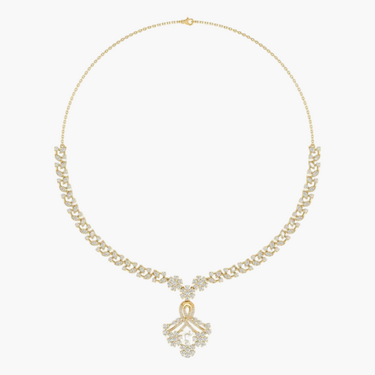 Gold necklace with a decorative pendant on a white background