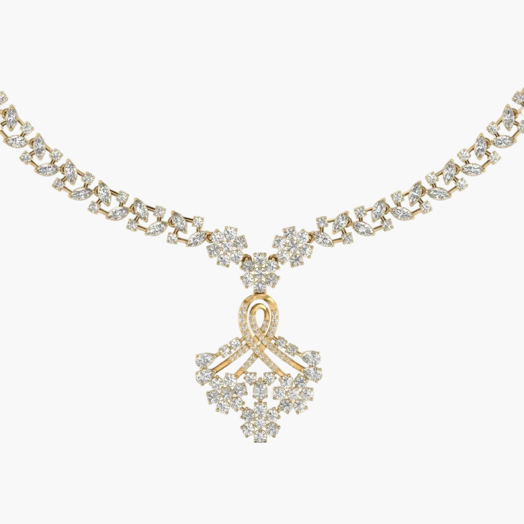 Gold necklace with a diamond pendant on a white background