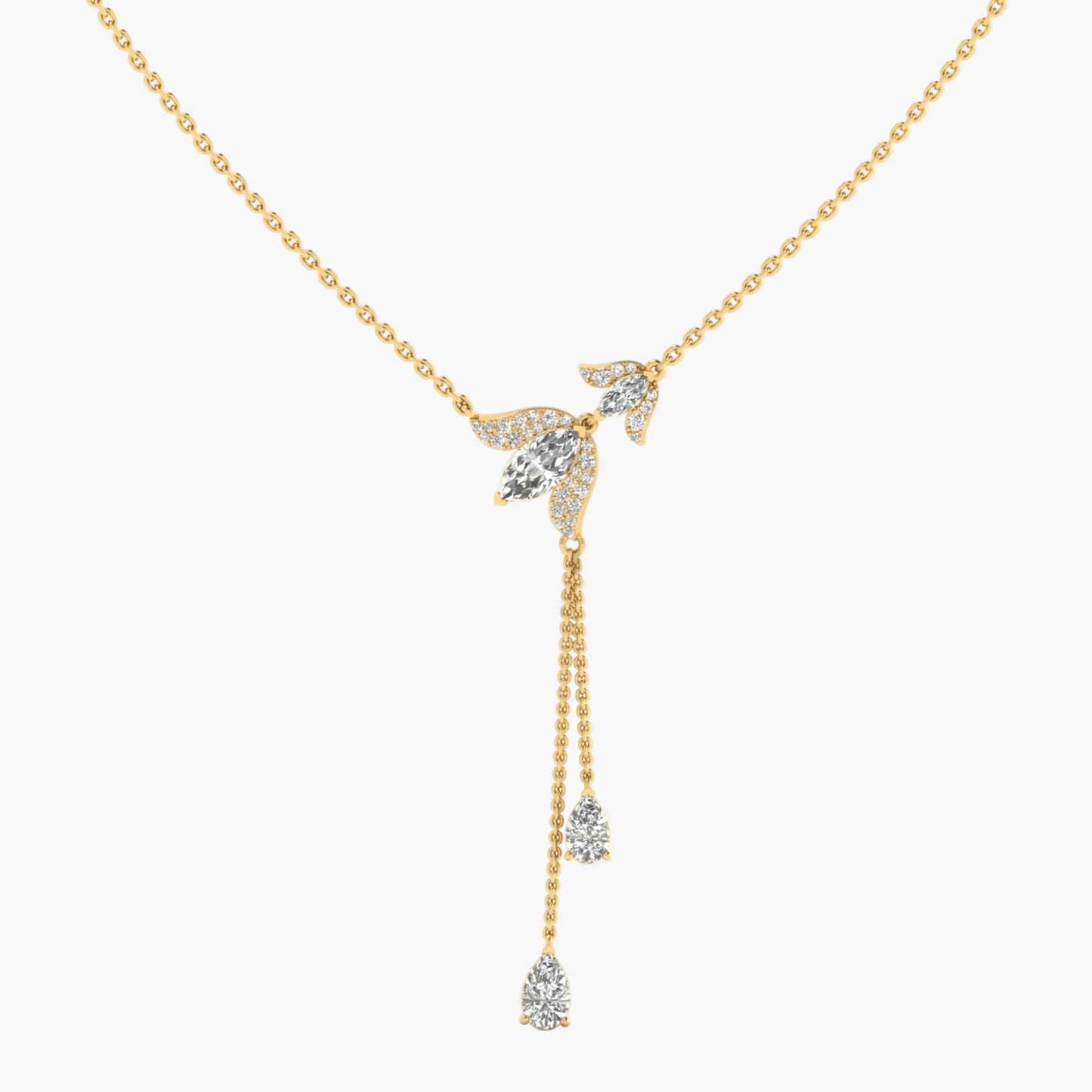 Gold necklace with diamond pendants on a white background