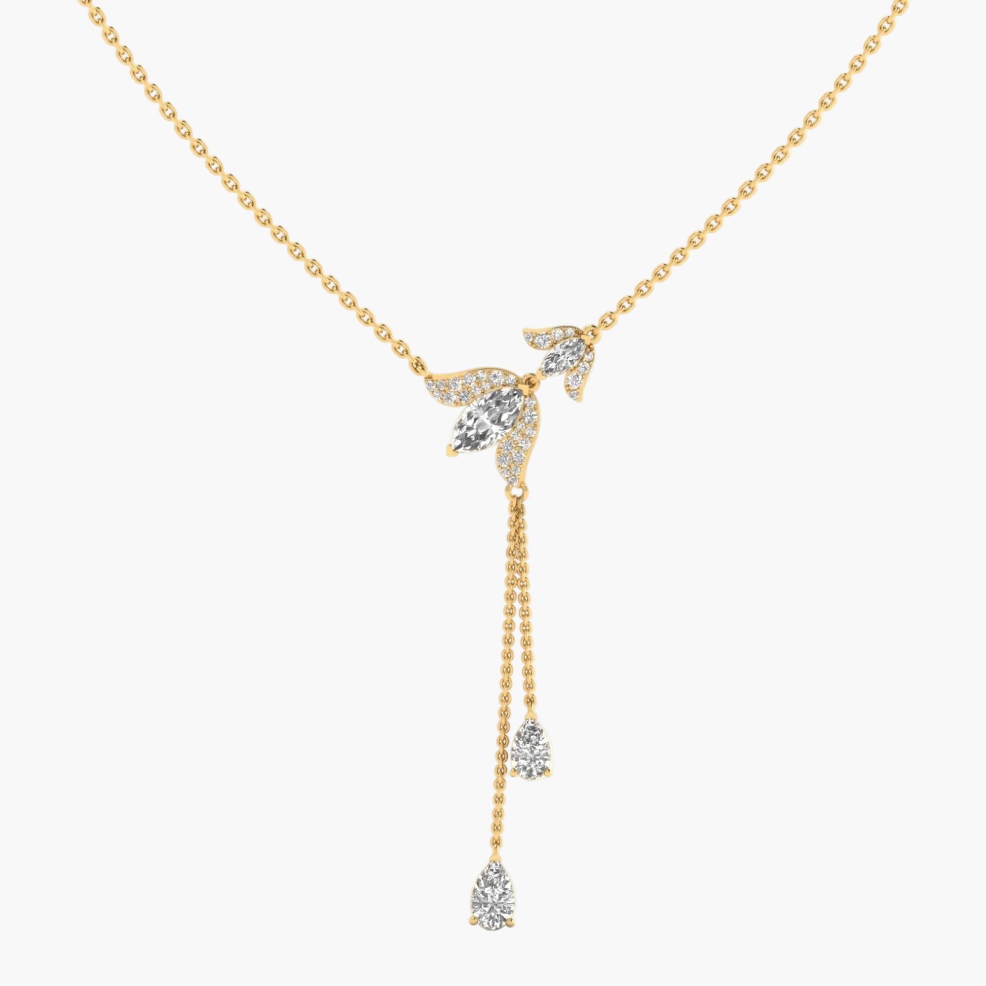 Gold necklace with diamond pendants on a white background