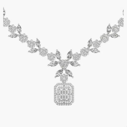 Radiant Baguette Halo Diamond Drop Diamond Necklace