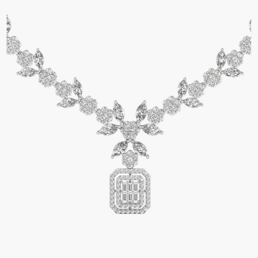 Radiant Baguette Halo Diamond Drop Diamond Necklace
