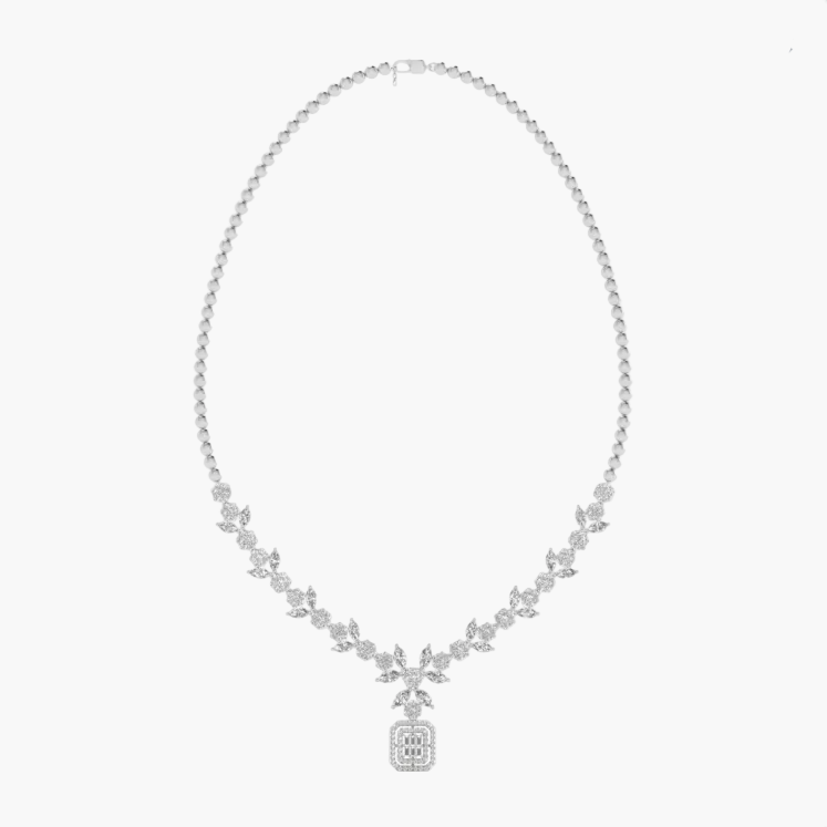 Radiant Baguette Halo Diamond Drop Diamond Necklace