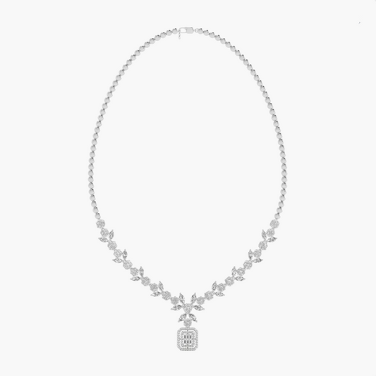 Radiant Baguette Halo Diamond Drop Diamond Necklace