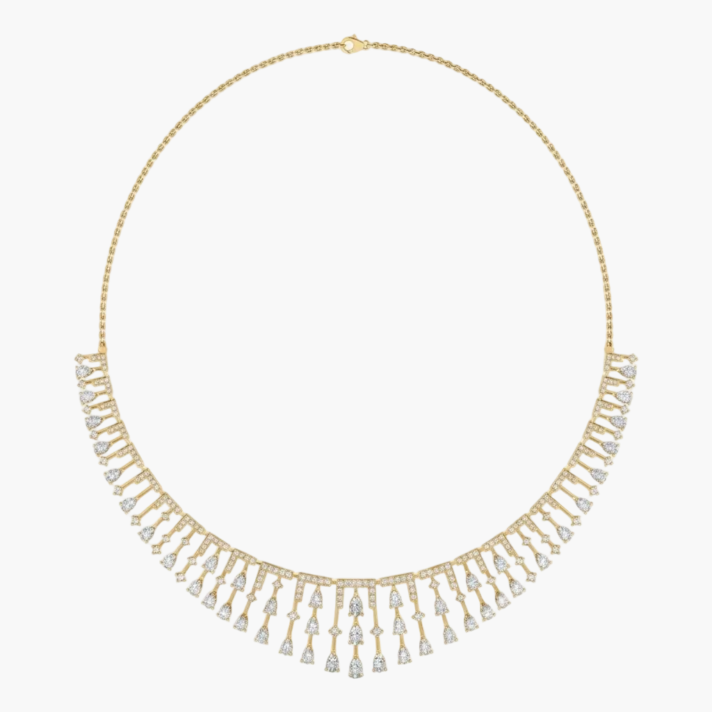 Gold necklace with diamond fringe on a white background