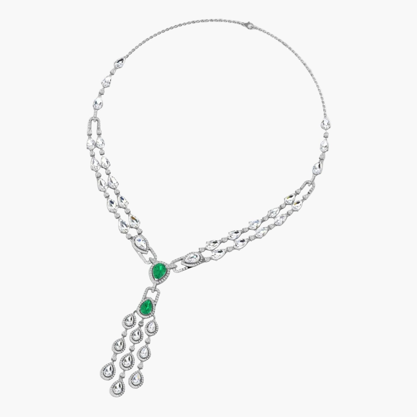 Silver necklace with green gemstones on a white background