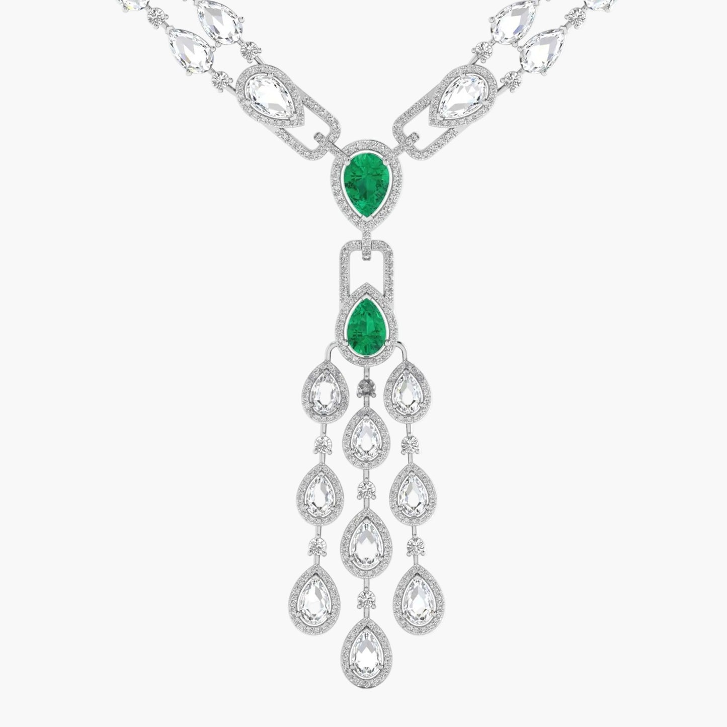 Elegant necklace with emerald green teardrop pendants on a white background
