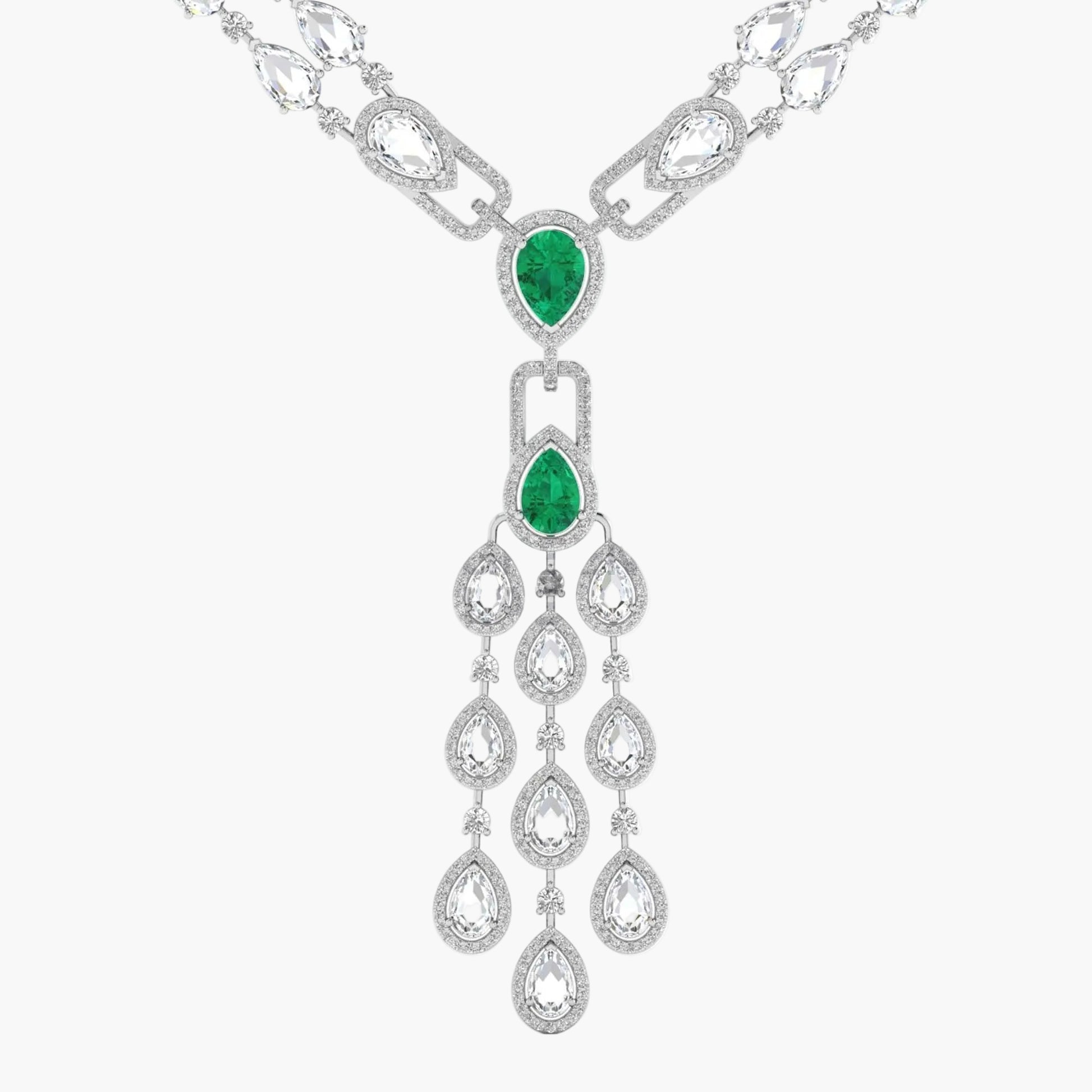 Elegant necklace with emerald green teardrop pendants on a white background