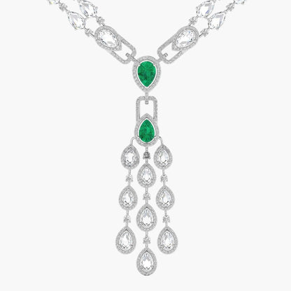 Elegant necklace with emerald green teardrop pendants on a white background