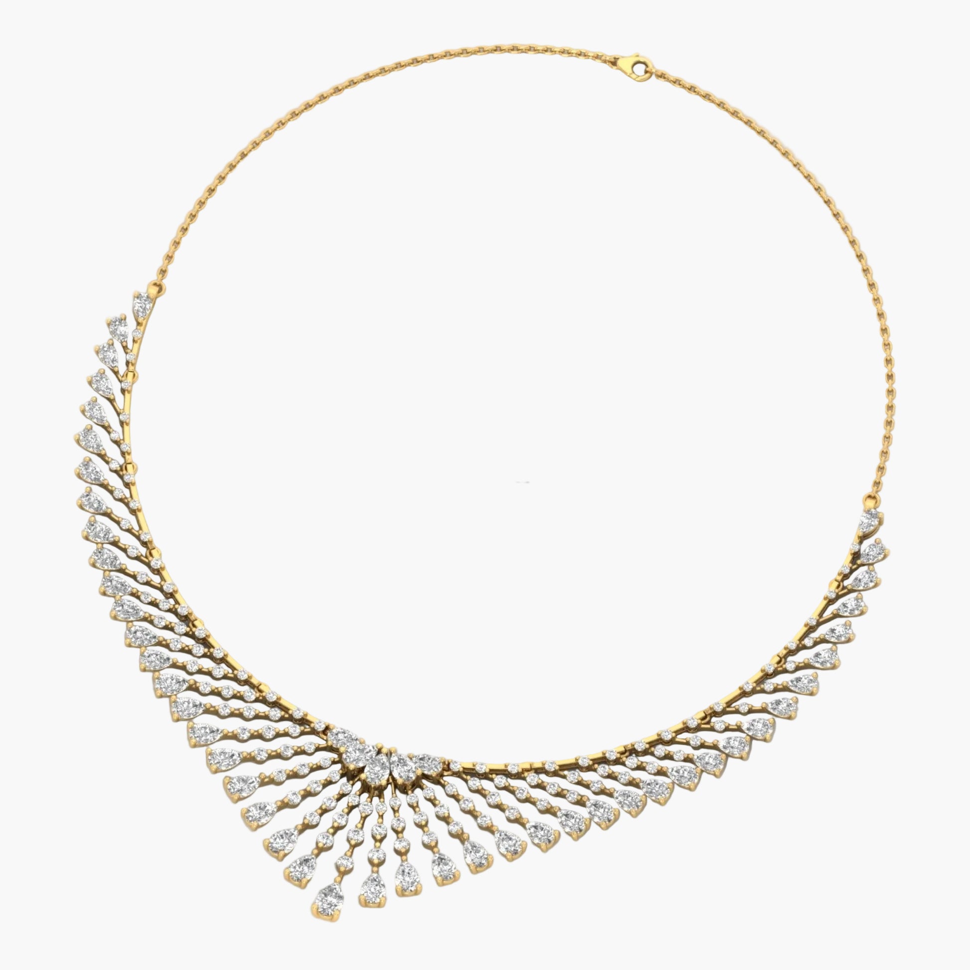 Gold necklace with clear stones on a white background, branded 'Green Lab'.