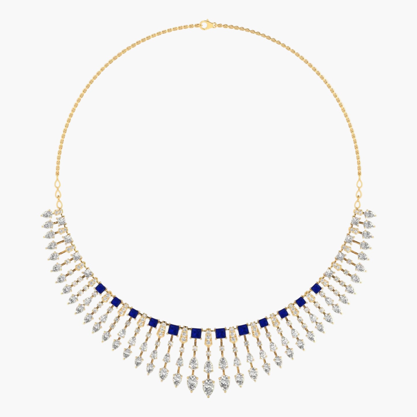 Gold necklace with blue and clear stones on a white background, branded 'Green Lab'.