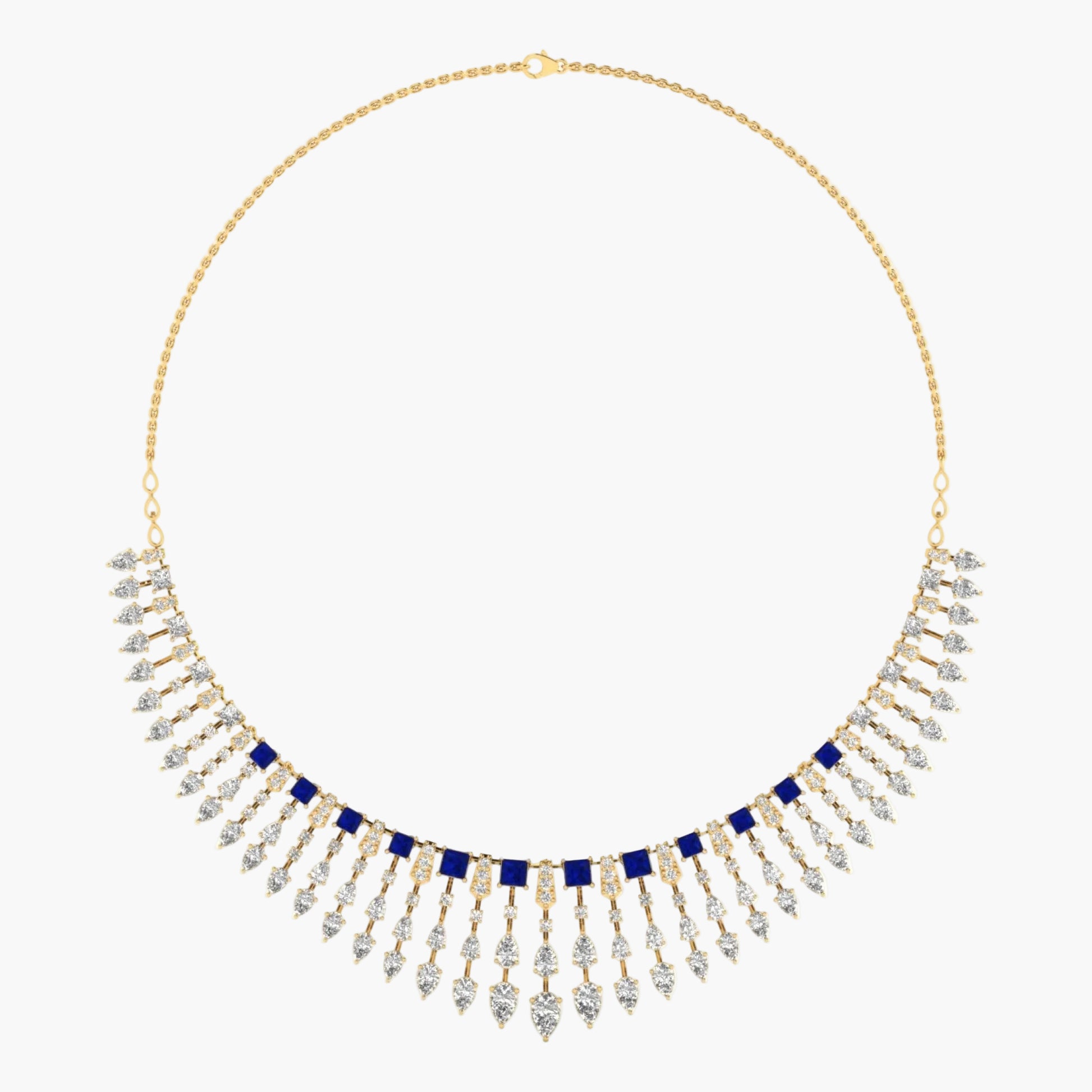 Gold necklace with blue and clear stones on a white background, branded 'Green Lab'.